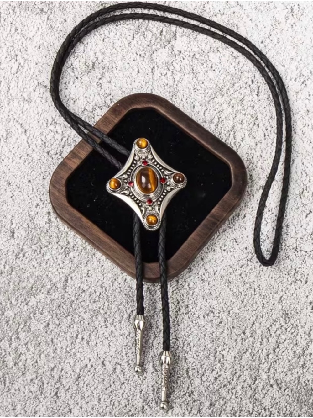 Western Style Bolo Tie with Amber and Tiger Eye Stones NWOT